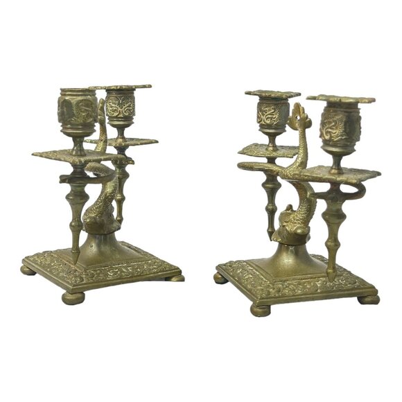 Pair of Antique Brass Asian Dragon/ Koi Fish Double Candle Holders 7" H x 8" W - Picture 3 of 12